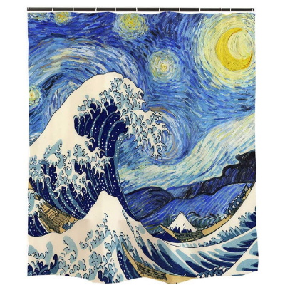 Van Gogh Starry Night and Japanese The Great Wave Painting Artistic Blue Shower Curtain